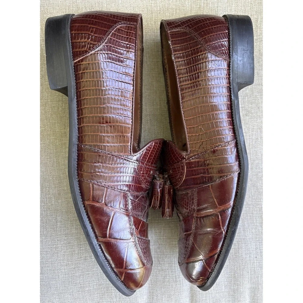 Stacy Adams Cognac Brown Snake Leather Tassel Loafer Dress Shoes Size 10 M